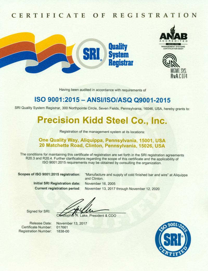 Precision Kidd Steel Co., Inc. ISO 9001:2000 Certificate